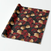 Elegant rood, zwart en goud bloemenmarmeren patroo cadeaupapier (Uitgerold)