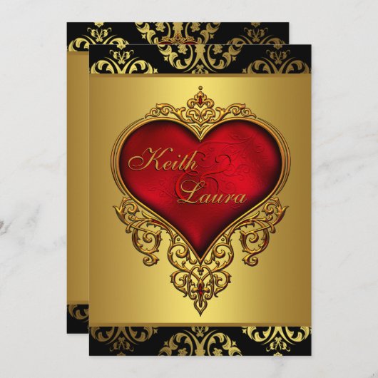 Elegant Rood Zwart en Goud Bruiloft Kaart (Voorkant / Achterkant)