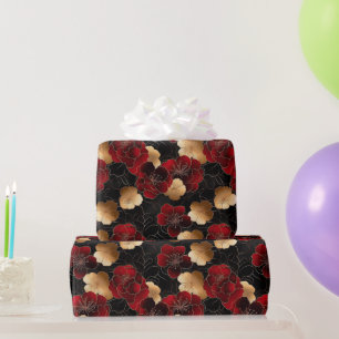 Elegant rood, zwart en gouden bloemmotief marmerpa cadeaupapier