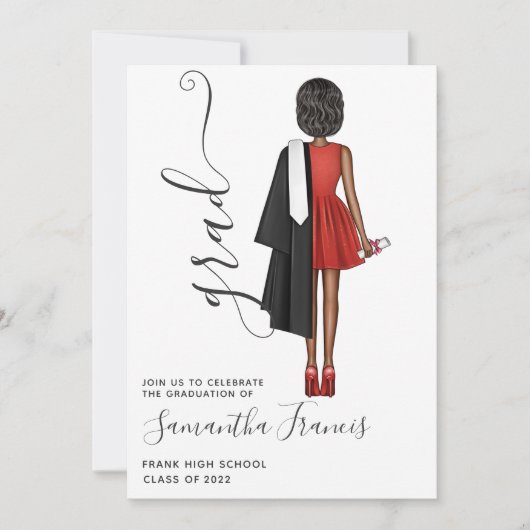 Elegant rood, zwart en wit meisjes afstudeerfeest kaart (Voorkant)