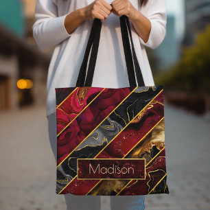 Elegant rood zwart goud girly glitter gestreept tote bag