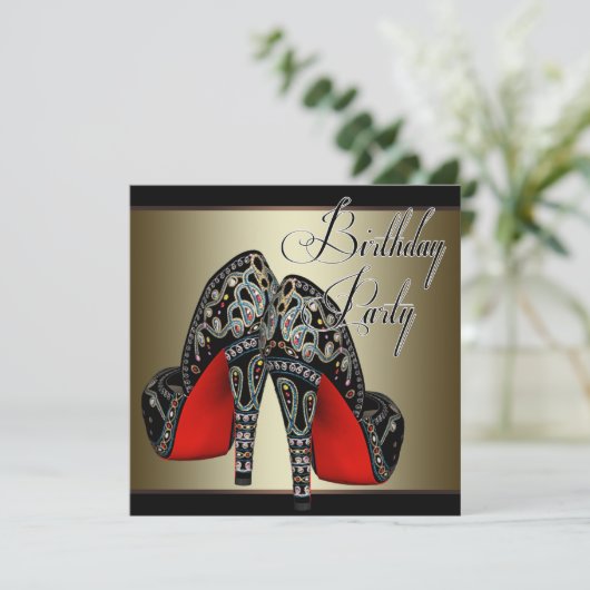 Elegant Rood Zwart Goud Hoge Hakken Verjaardagsfee Kaart (Staand voorkant)