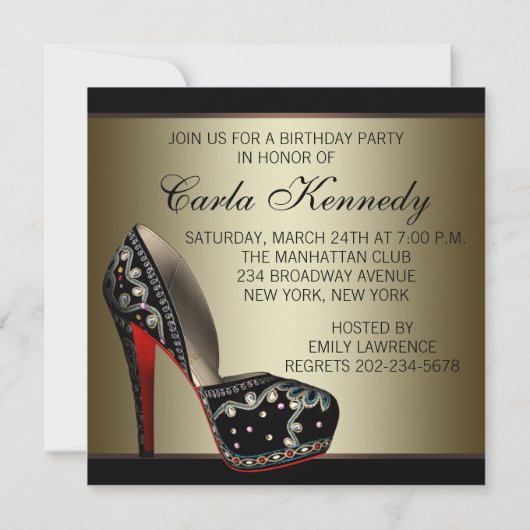 Elegant Rood Zwart Goud Hoge Hakken Verjaardagsfee Kaart (Achterkant)