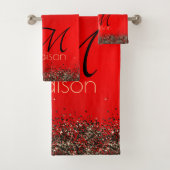 Elegant rood zwart goudglitter monogram bad handdoek (Insitu)