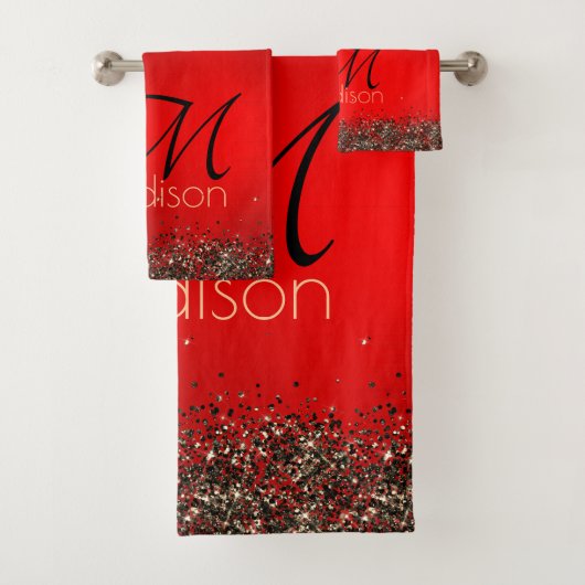 Elegant rood zwart goudglitter monogram bad handdoek (Insitu)