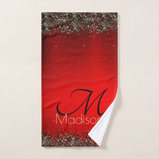 Elegant rood zwart goudglitter monogram bad handdoek (Handdoek)
