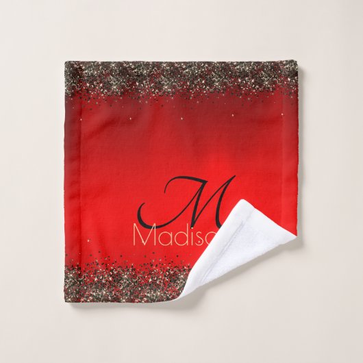 Elegant rood zwart goudglitter monogram bad handdoek (Wasdoekje)