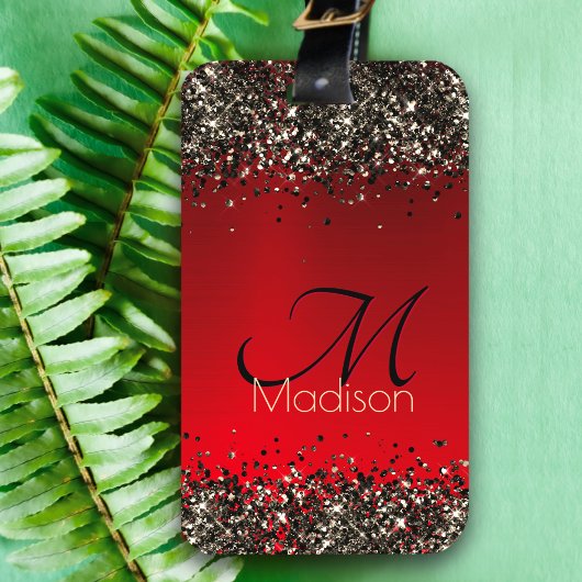 Elegant rood zwart goudglitter monogram bagagelabel