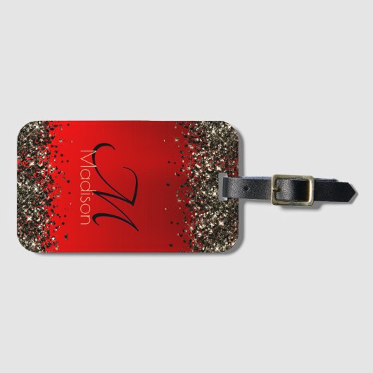 Elegant rood zwart goudglitter monogram bagagelabel (Voorkant (horizontaal))
