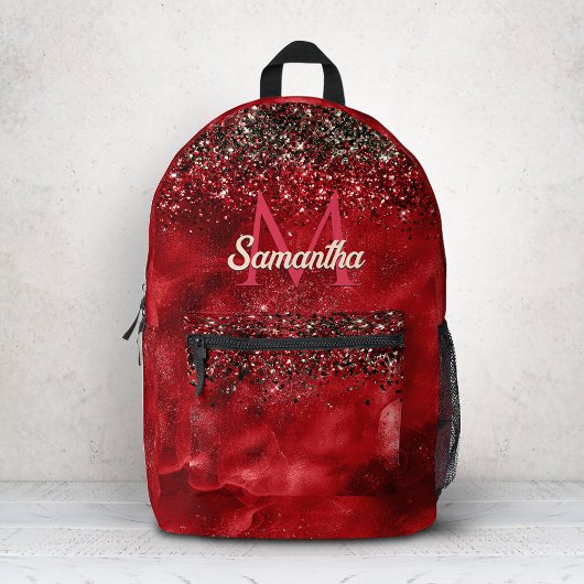 Elegant rood zwart goudglitter monogram bedrukte rugzak