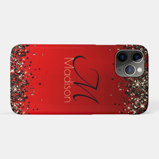 Elegant rood zwart goudglitter monogram Case-Mate iPhone case (Achterkant (horizontaal))