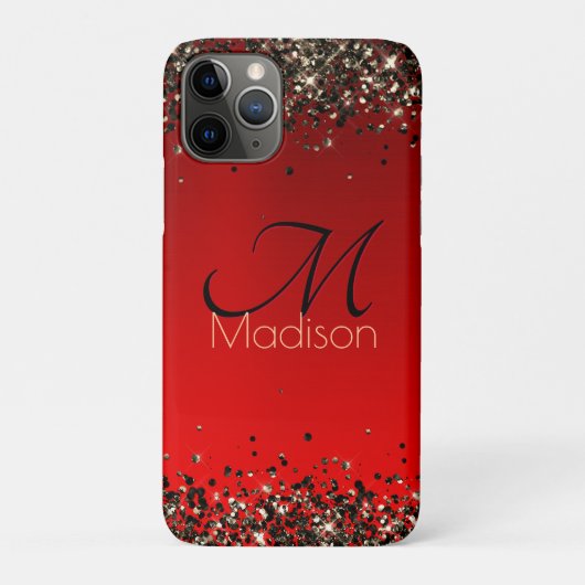 Elegant rood zwart goudglitter monogram Case-Mate iPhone case (Achterkant)
