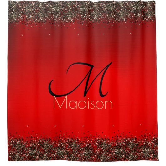 Elegant rood zwart goudglitter monogram douchegordijn (Voorkant)