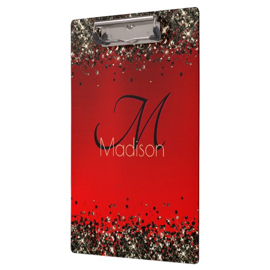 Elegant rood zwart goudglitter monogram klembord (Links)