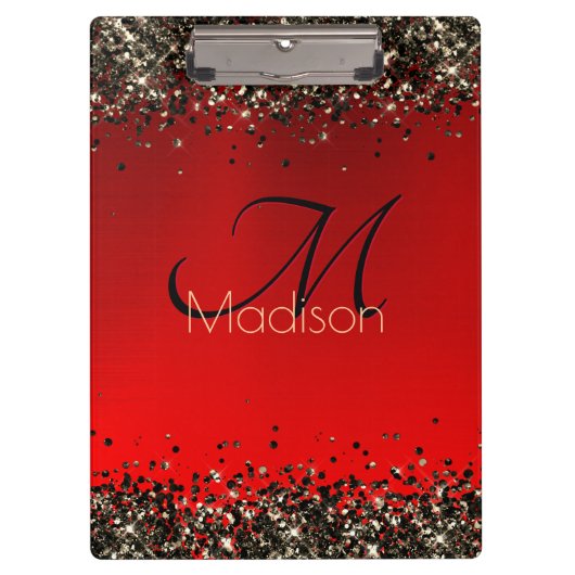Elegant rood zwart goudglitter monogram klembord (Voorkant)