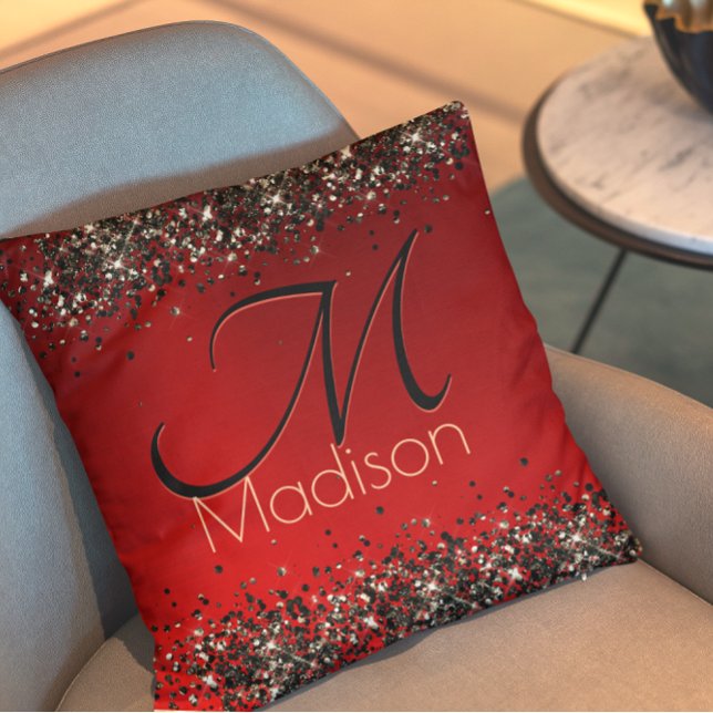 Elegant rood zwart goudglitter monogram kussen (Creator heeft geüpload)