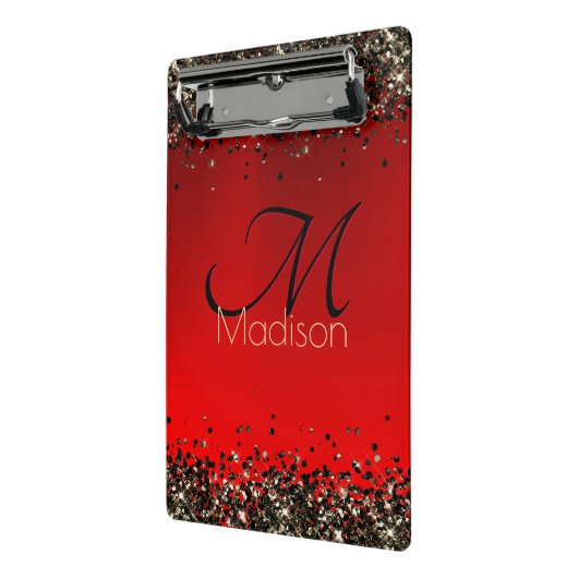 Elegant rood zwart goudglitter monogram mini klembord (Angled2)