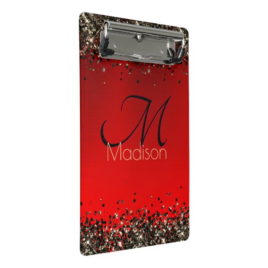 Elegant rood zwart goudglitter monogram mini klembord (Schuin)
