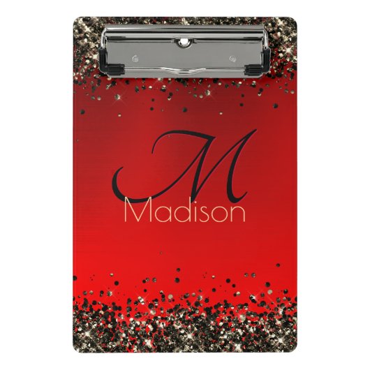 Elegant rood zwart goudglitter monogram mini klembord (Voorkant)
