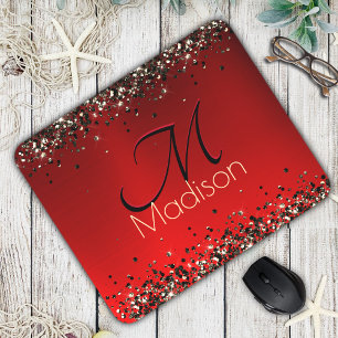 Elegant rood zwart goudglitter monogram muismat
