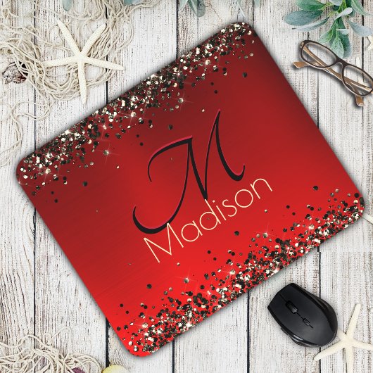 Elegant rood zwart goudglitter monogram muismat