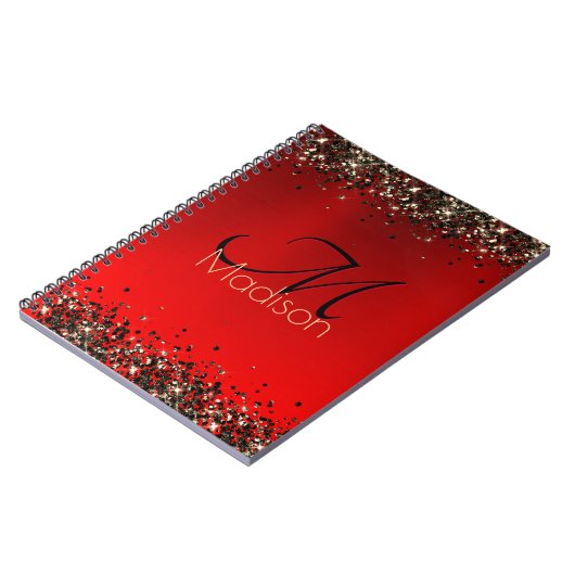 Elegant rood zwart goudglitter monogram notitieboek (Linkerzijde)