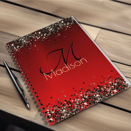 Elegant rood zwart goudglitter monogram notitieboek