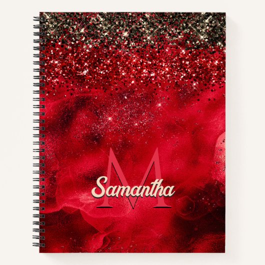 Elegant rood zwart goudglitter monogram notitieboek (Voorkant)