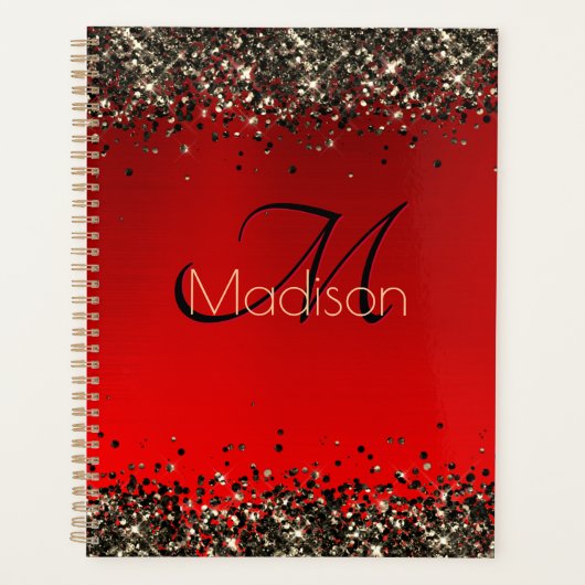 Elegant rood zwart goudglitter monogram planner (Voorkant)