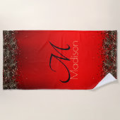 Elegant rood zwart goudglitter monogram strandlaken (Voorkant)