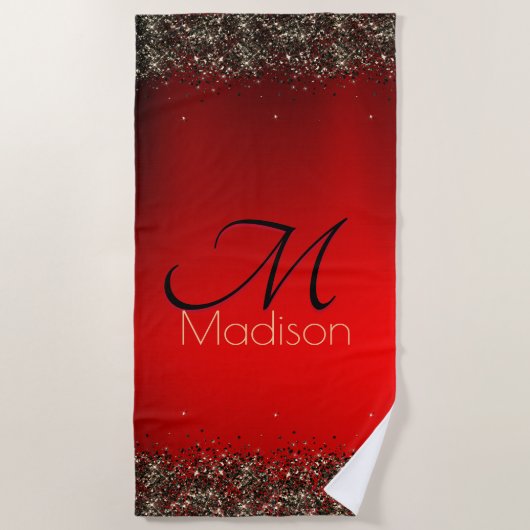 Elegant rood zwart goudglitter monogram strandlaken (Voorkant)