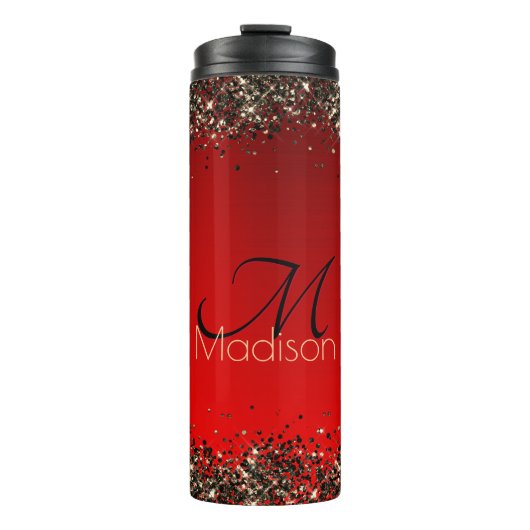 Elegant rood zwart goudglitter monogram thermosbeker (Voorkant)