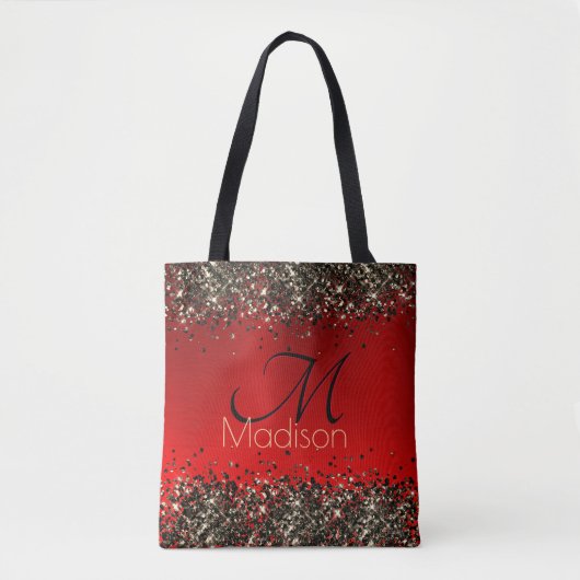 Elegant rood zwart goudglitter monogram tote bag (Voorkant)