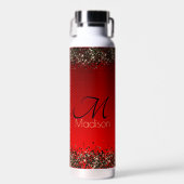 Elegant rood zwart goudglitter monogram waterfles (Voorkant)
