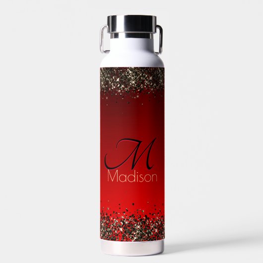 Elegant rood zwart goudglitter monogram waterfles (Voorkant)