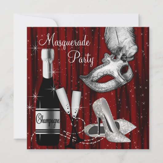 Elegant rood zwart wit Masquerade Party Kaart (Voorkant)