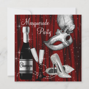 Elegant rood zwart wit Masquerade Party Kaart