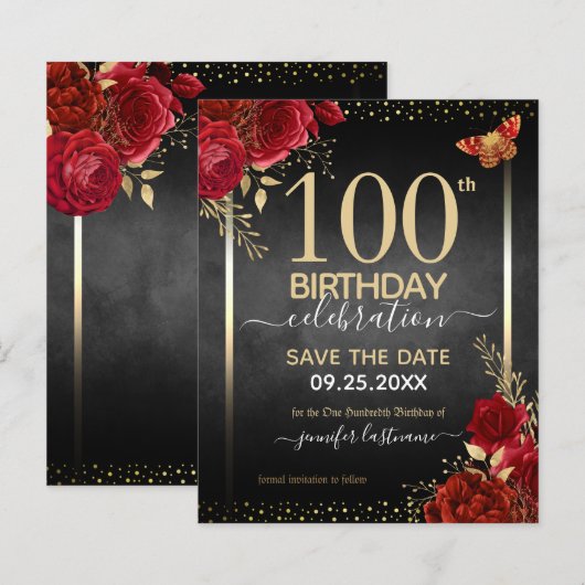 Elegant Roos 100th Birthday Save the Date Budget (Voorkant / Achterkant)