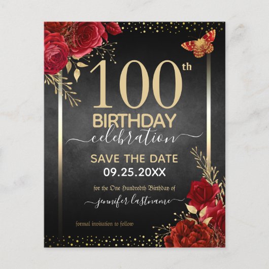 Elegant Roos 100th Birthday Save the Date Budget (Voorkant)