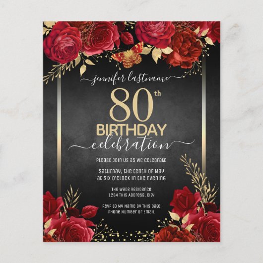 Elegant Roos 80th Birthday Invitation (Voorkant)