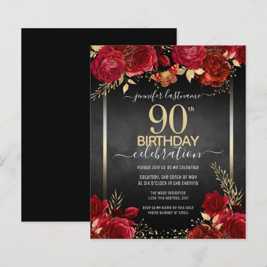 Elegant Roos 90th Birthday Invitation (Voorkant / Achterkant)