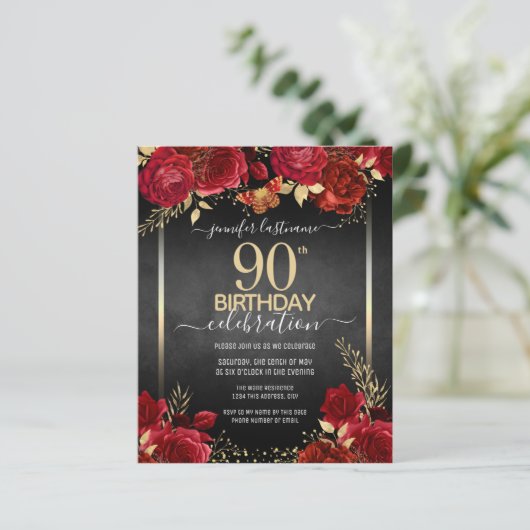 Elegant Roos 90th Birthday Invitation (Staand voorkant)