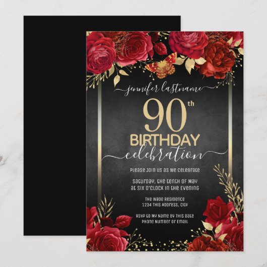 Elegant Roos 90th Birthday Invitation Kaart (Voorkant / Achterkant)