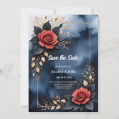 Elegant roos arrangement met goudkleurig blad save the date (Voorkant)