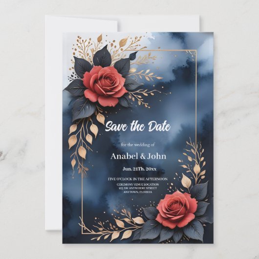 Elegant roos arrangement met goudkleurig blad save the date (Voorkant)