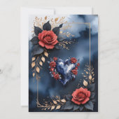 Elegant roos arrangement met goudkleurig blad save the date (Achterkant)
