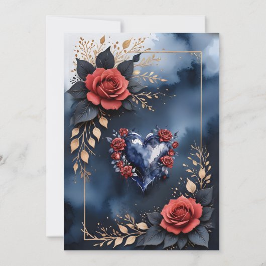 Elegant roos arrangement met goudkleurig blad save the date (Achterkant)