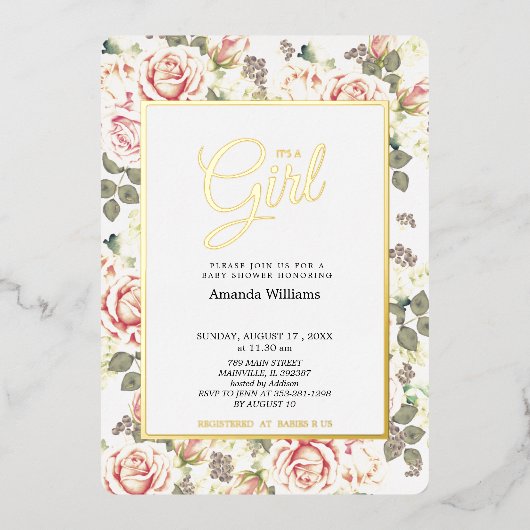Elegant Roos, Baby shower Gold Folie Uitnodiging (Voorkant)