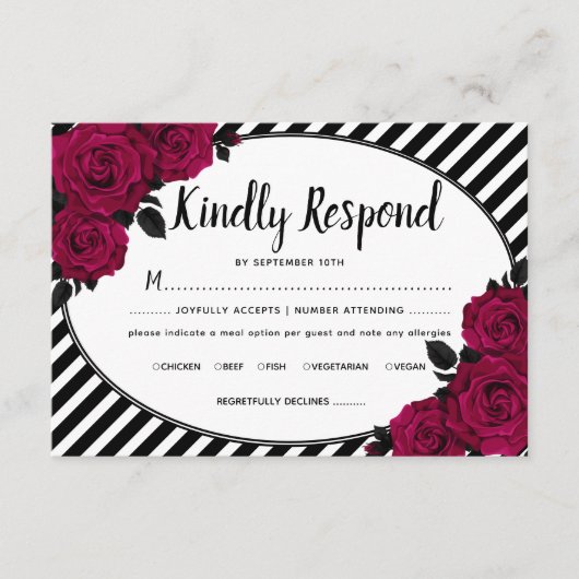 Elegant Roos Black Stripes Gothic Wedding RSVP Informatiekaartje (Voorkant)
