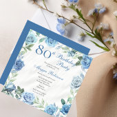 Elegant Roos Blauw Bloemen Lijst 80ste Verjaardag  Kaart